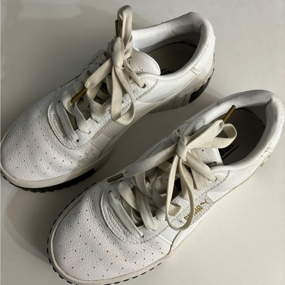 Puma Women’s White Leather Sneakers with Gold Accents Size 8